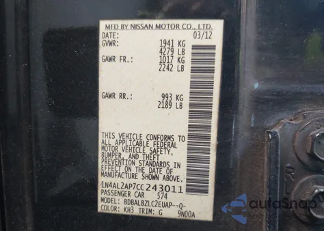 2012 Nissan Altima 2.5 S from USA, damaged, VIN 1N4AL2AP7CC243011